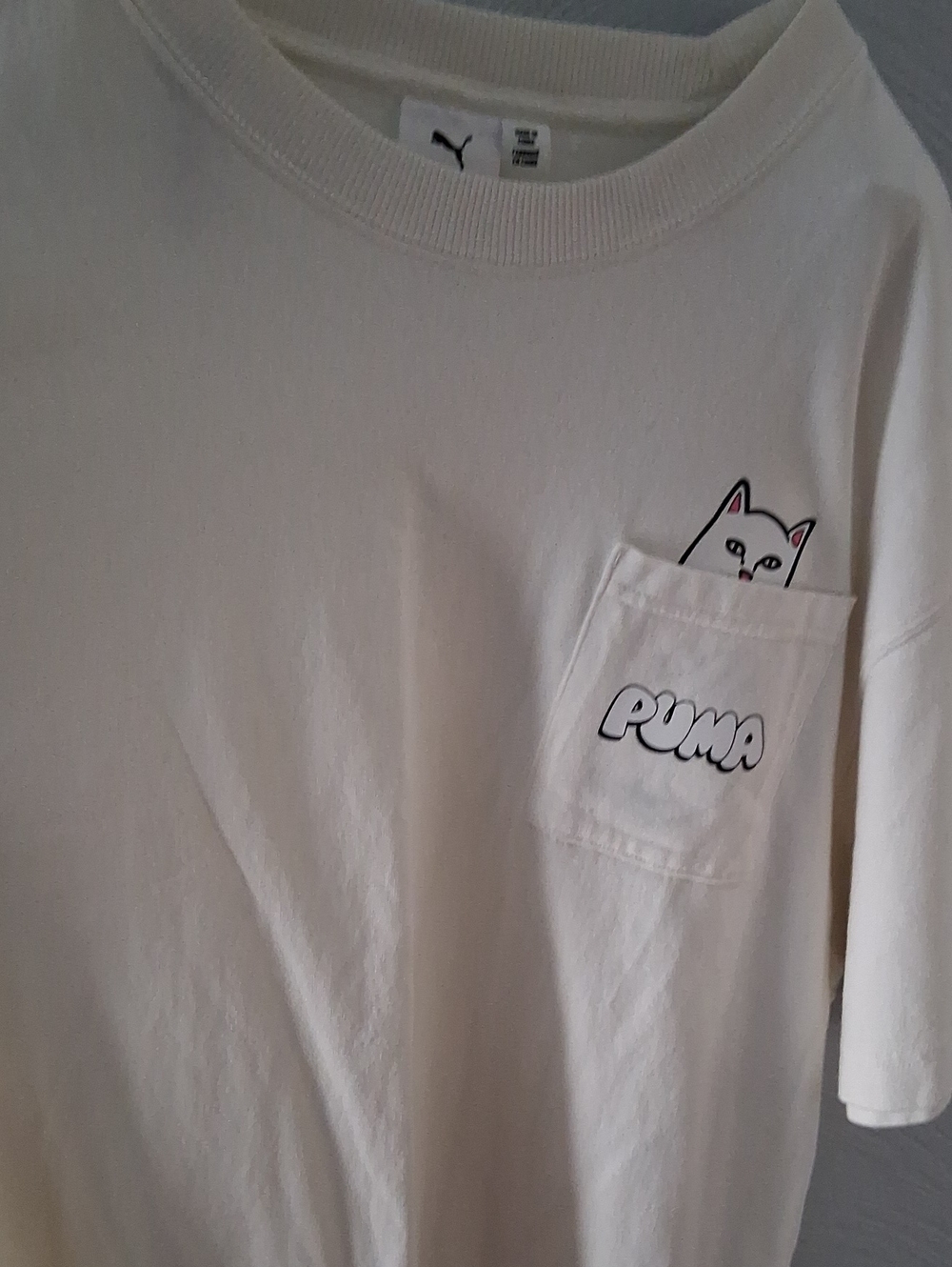 Puma White Cat Pocket Tee with Playful Graphic L NWOT